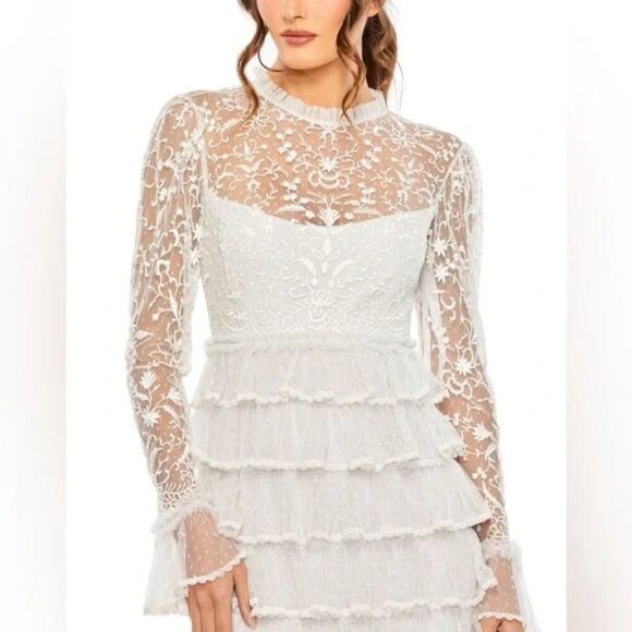 Mac Duggal 8003 Size 8 Embroidered Long Sleeve Ruffled Tiered Pearl White Dress - Picture 4 of 11
